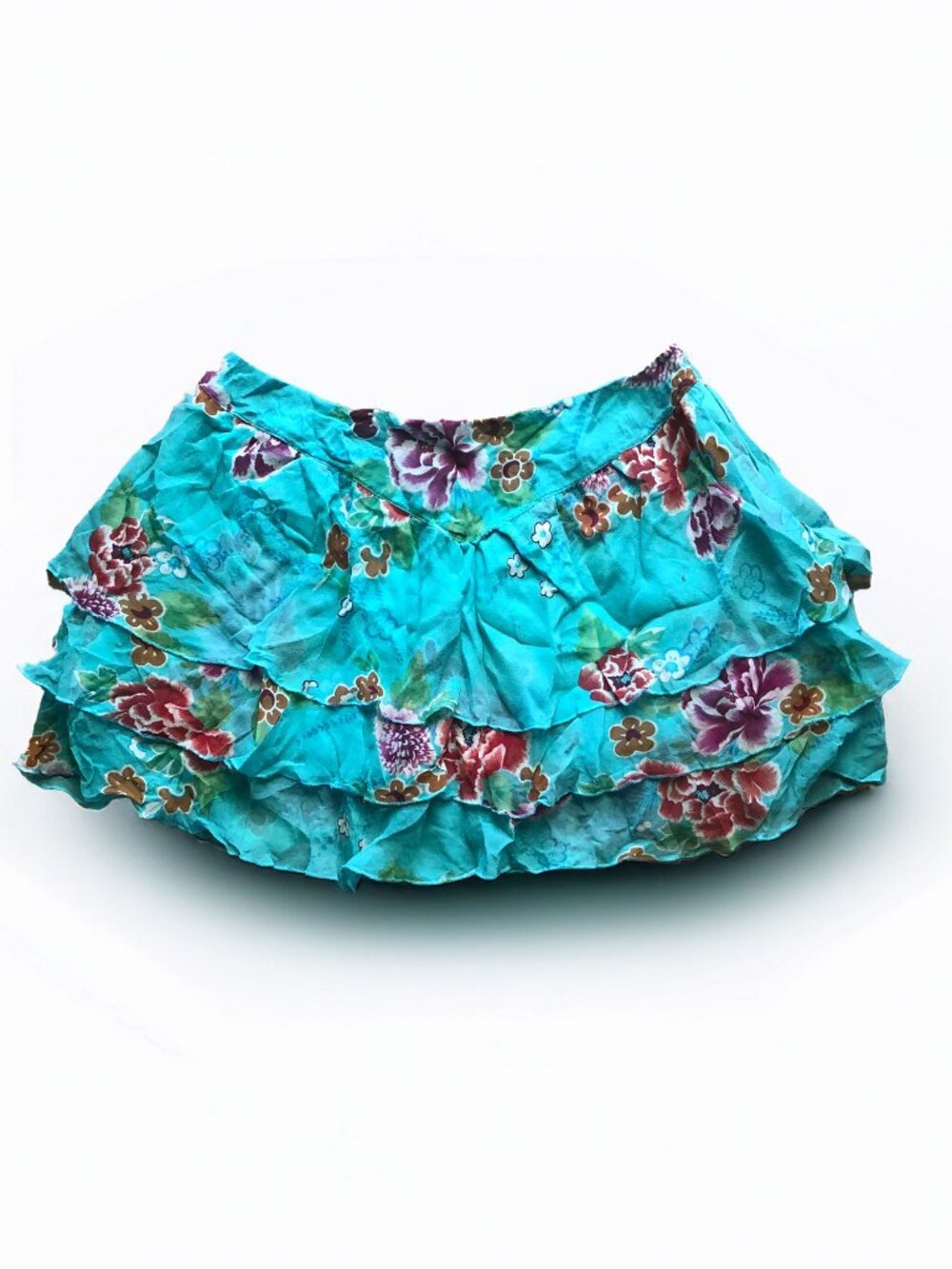 Joie 100% Silk Tiered Floral Ruffle Mini Skirt - Teal Blue Sz 8